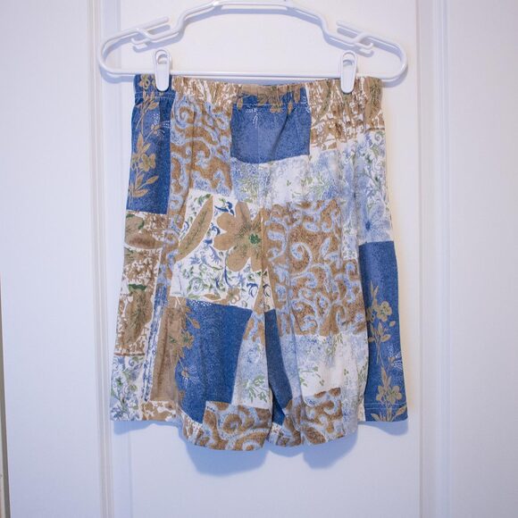 Boho VTG Blair Shorts Patchwork Floral Geometric Blue Tan 90s M | Soft Summer - Picture 2 of 5